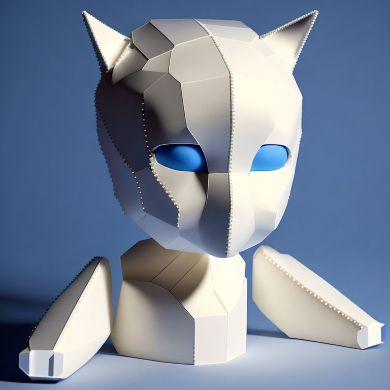 Geometric Origami Cat Sculpture with Large Blue Eyes on Blue Background