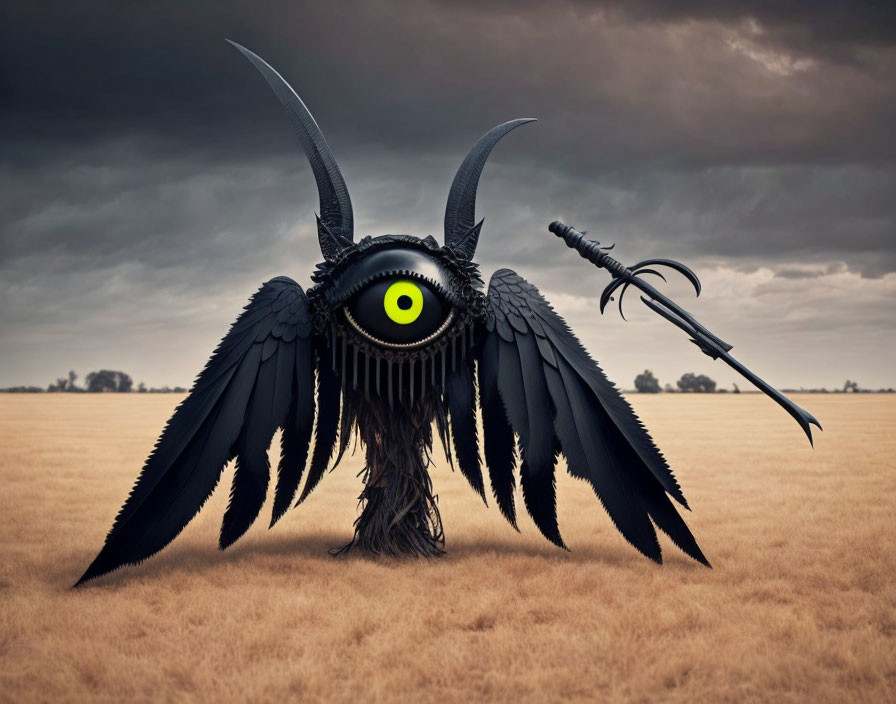 Surreal creature with black wings and yellow eye in barren field