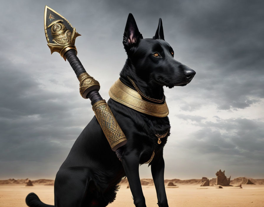 Black dog with Egyptian-style accessories in desert setting