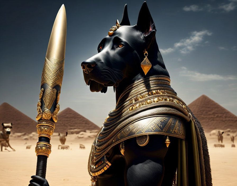 Black dog in Egyptian-style armor with spear in desert scene