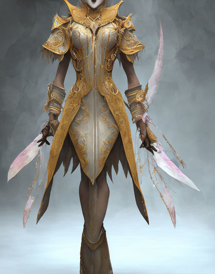 Elaborate gold and silver armor with feathered design elements and pink crystalline blades