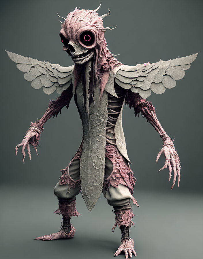 Monstrous figure with skeletal wings and eyeless face in tattered clothing