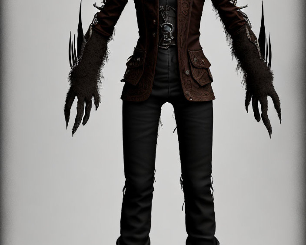 Digital artwork of creature with elongated fingers, ornate jacket, black pants, boots, and multi
