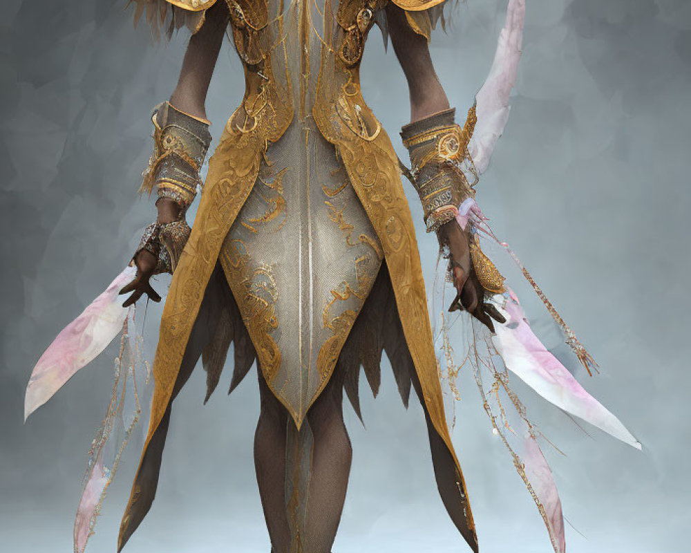 Elaborate gold and silver armor with feathered design elements and pink crystalline blades