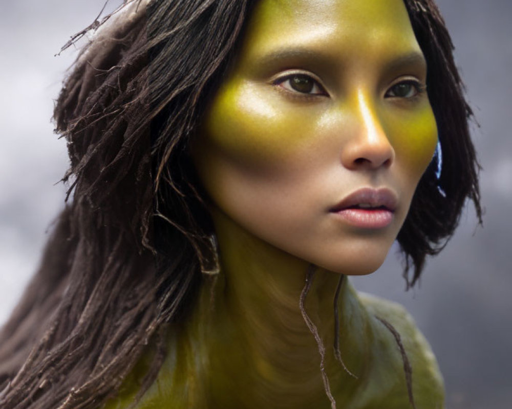 Intense individual in yellow and green body paint with dark hair, against blurred backdrop
