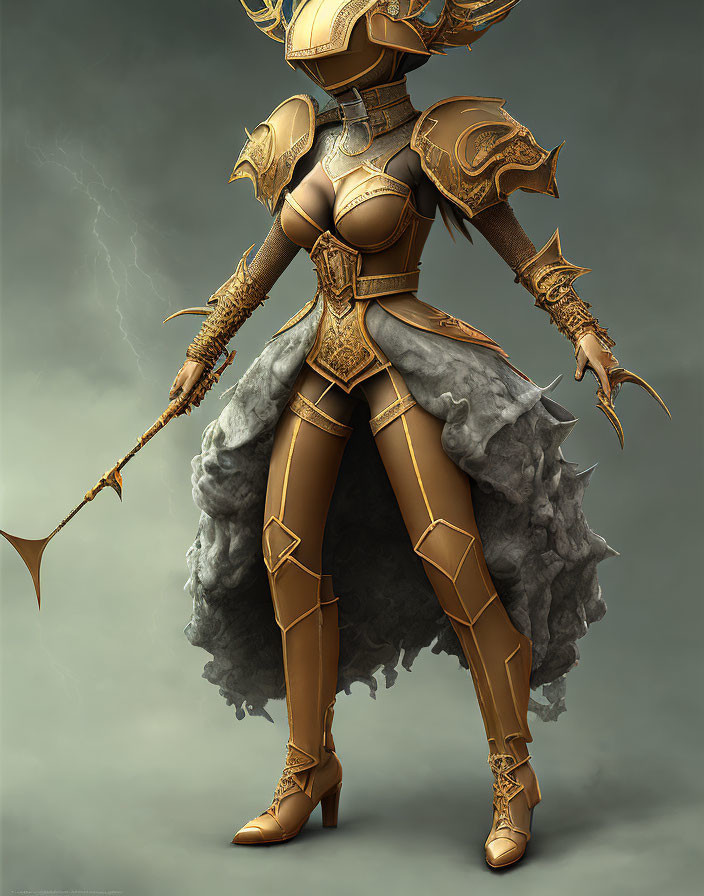 Character in Golden Armor with Spear in Swirling Mist & Lightning Background