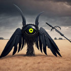 Surreal creature with large eye and wings in barren landscape