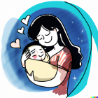 Stylized Illustration of Smiling Mother and Laughing Baby in Space Theme