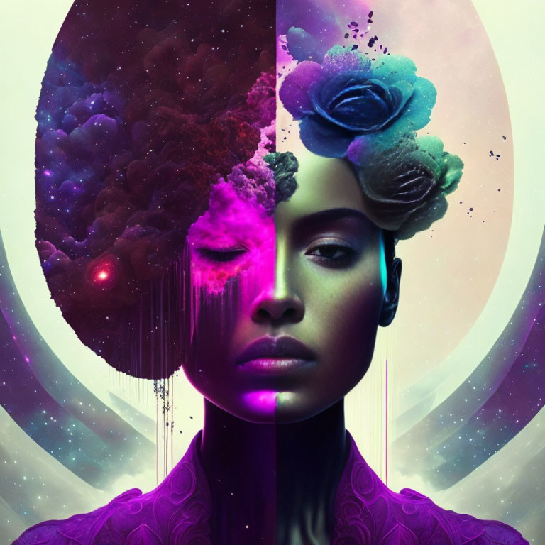 Split portrait of woman's face and cosmic scene with floral brain in vibrant colors