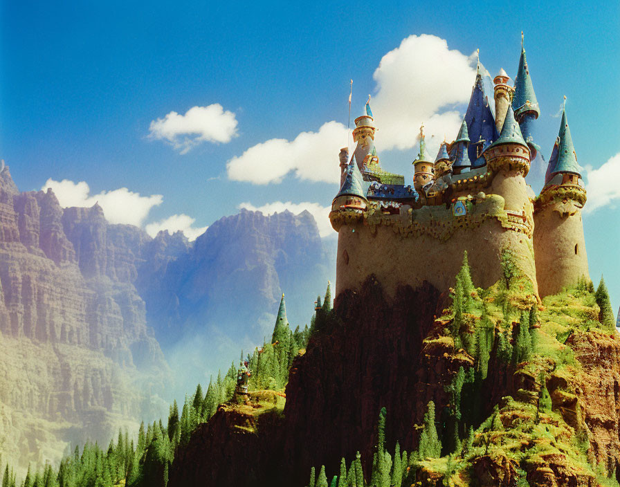 Majestic castle with blue spires in mountainous landscape