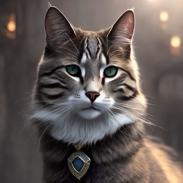 Majestic cat with green eyes, subtle stripes, and blue pendant on soft bokeh background