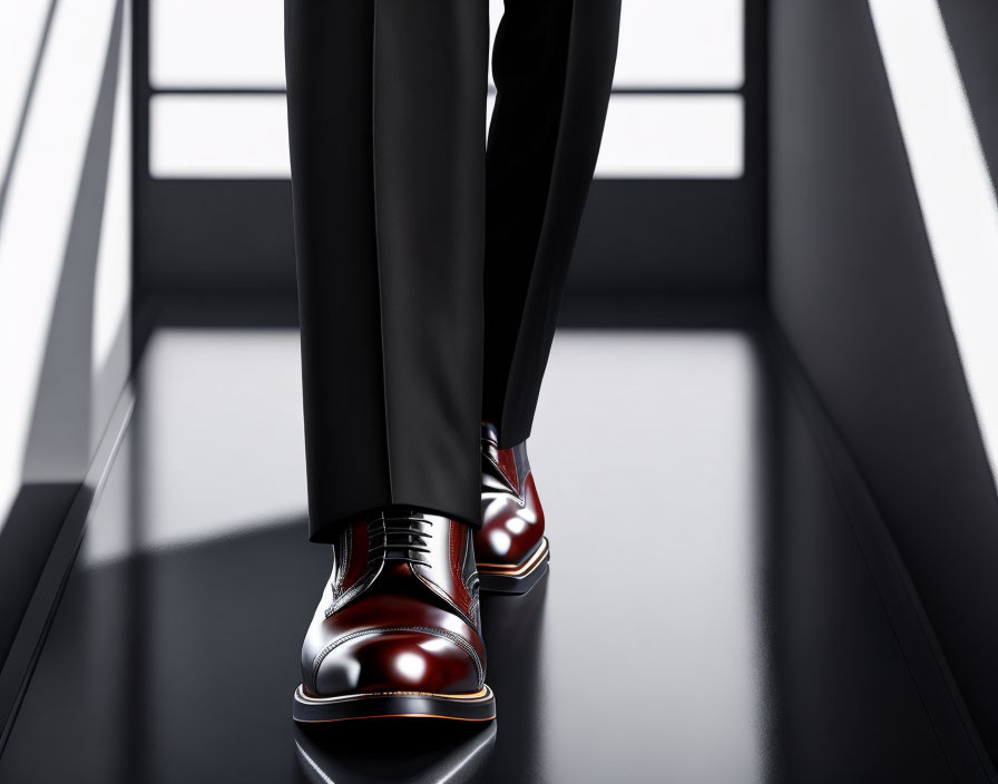 Stylish black and red Oxford shoes on sleek floor with white stripes