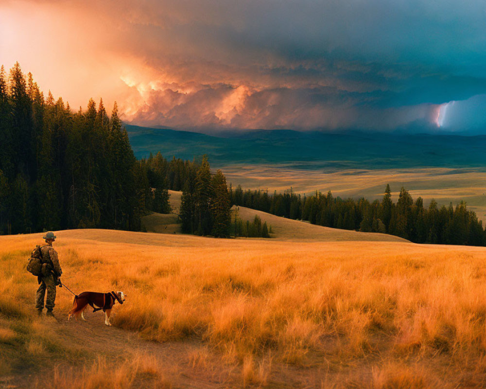 Person walking dog in golden field under stormy sky with lightning strike