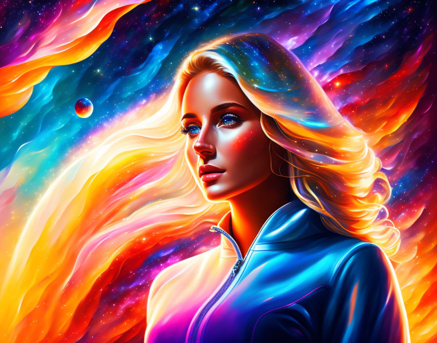 Colorful digital artwork: Woman with cosmic hair in starry nebula