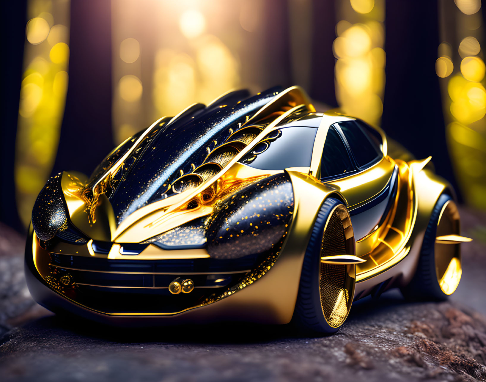 Luxurious Gold and Black Sports Car with Intricate Designs and Dramatic Lighting Background