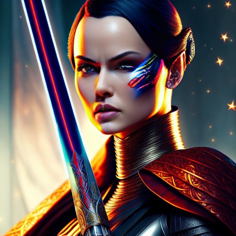 Female warrior digital artwork with futuristic armor and glowing blue sword on starry background