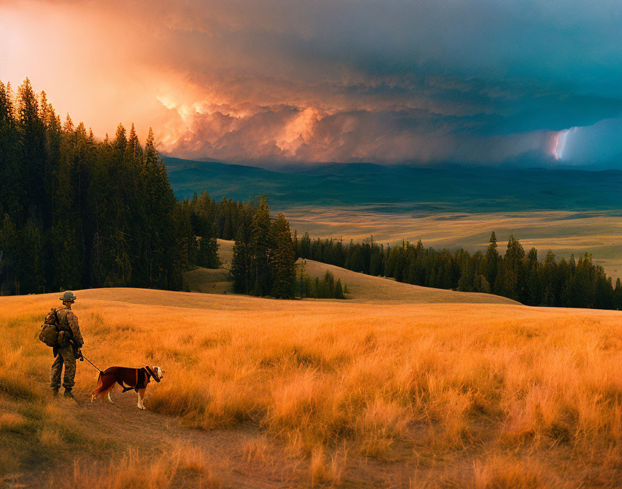 Person walking dog in golden field under stormy sky with lightning strike