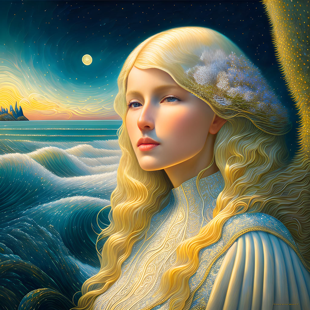 Golden-haired woman with celestial cap gazing at moonlit seascape