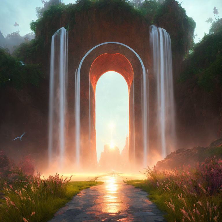 Ethereal archway with twin waterfalls framing sunlit path