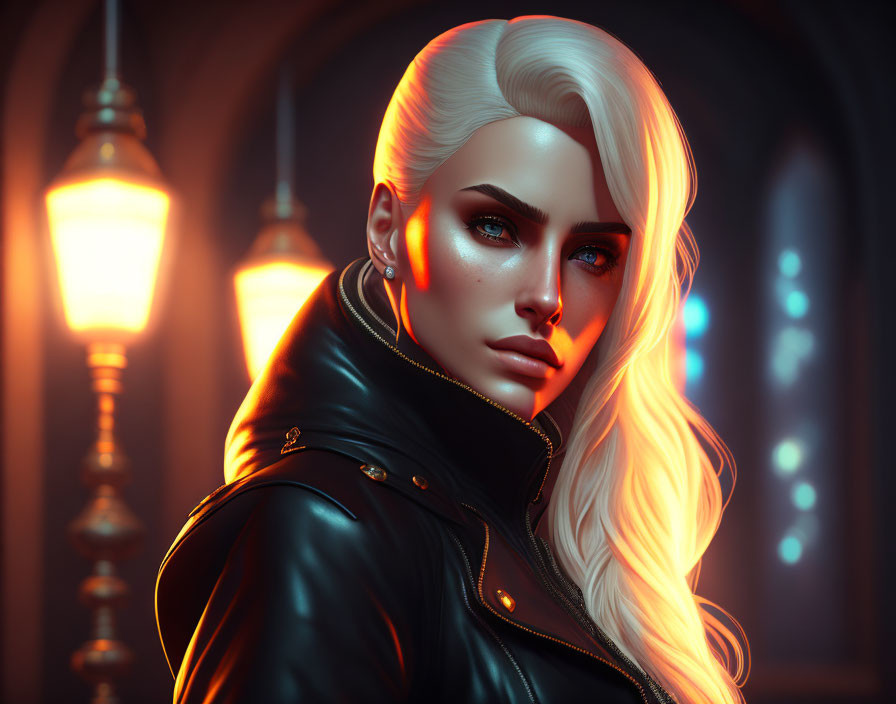 Portrait of woman with platinum blonde hair and blue eyes in black leather jacket under warm lanterns and cool
