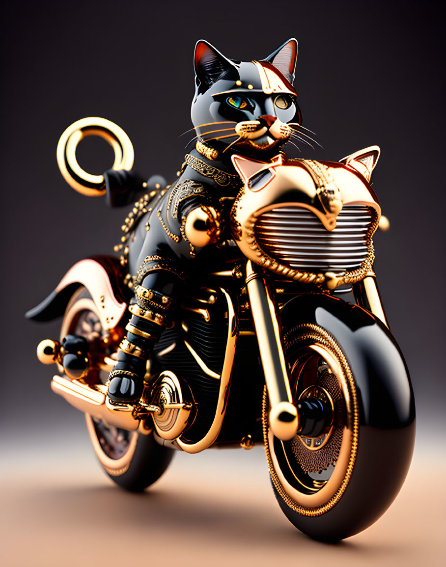 Digital artwork: Black and gold cat on motorcycle with intricate mechanical details