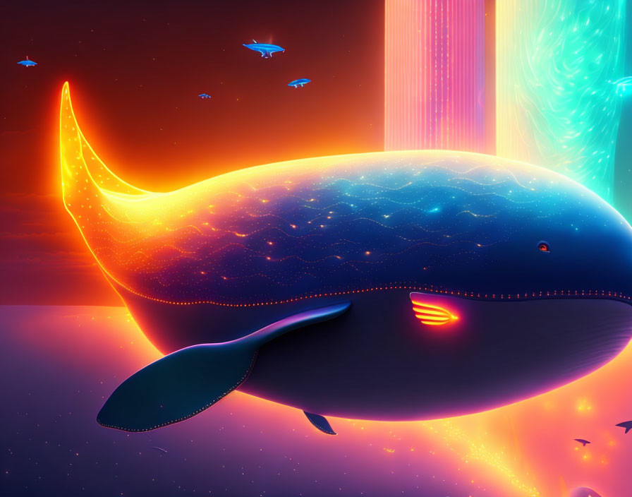 Vibrant digital art: stylized whale in neon oceanic scene