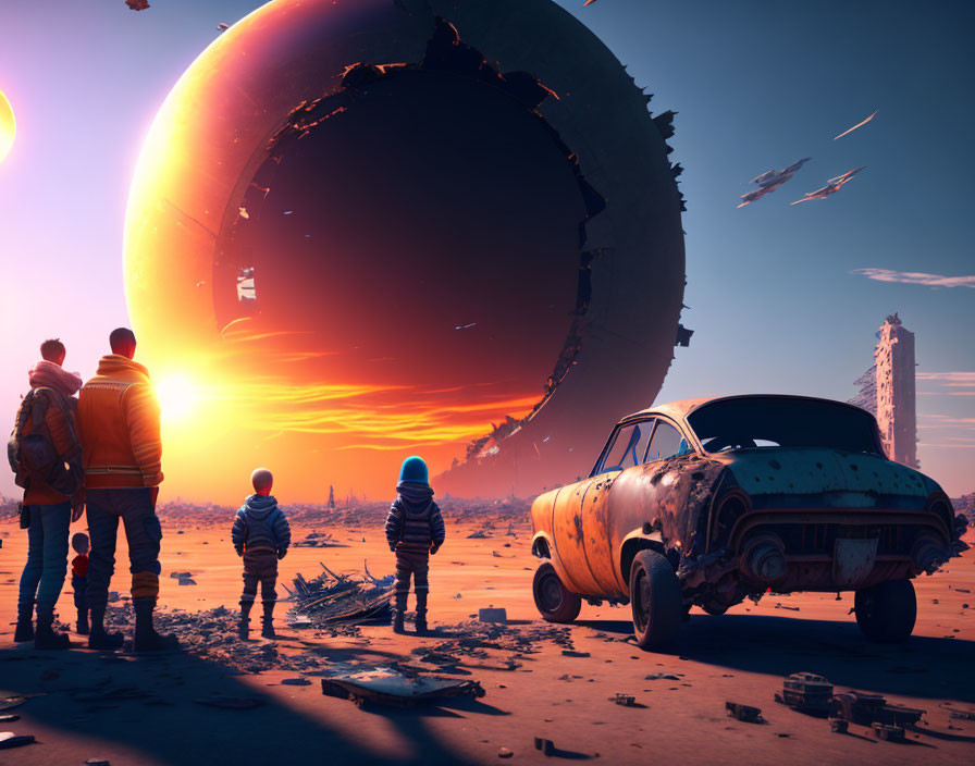 Group of people in desert with floating sphere and rusty car in foreground