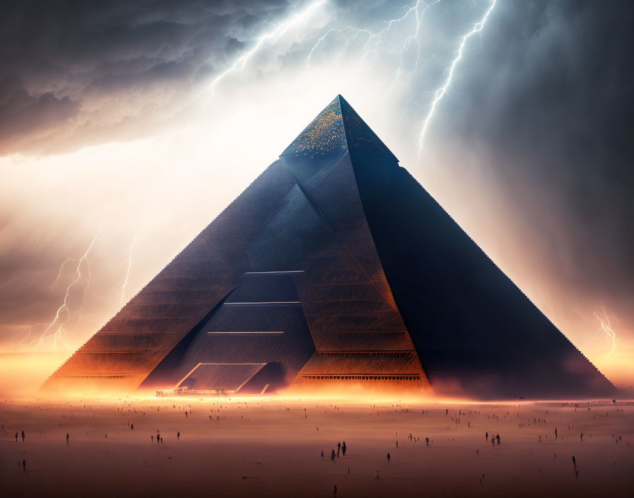 Gigantic illuminated pyramid in stormy desert landscape