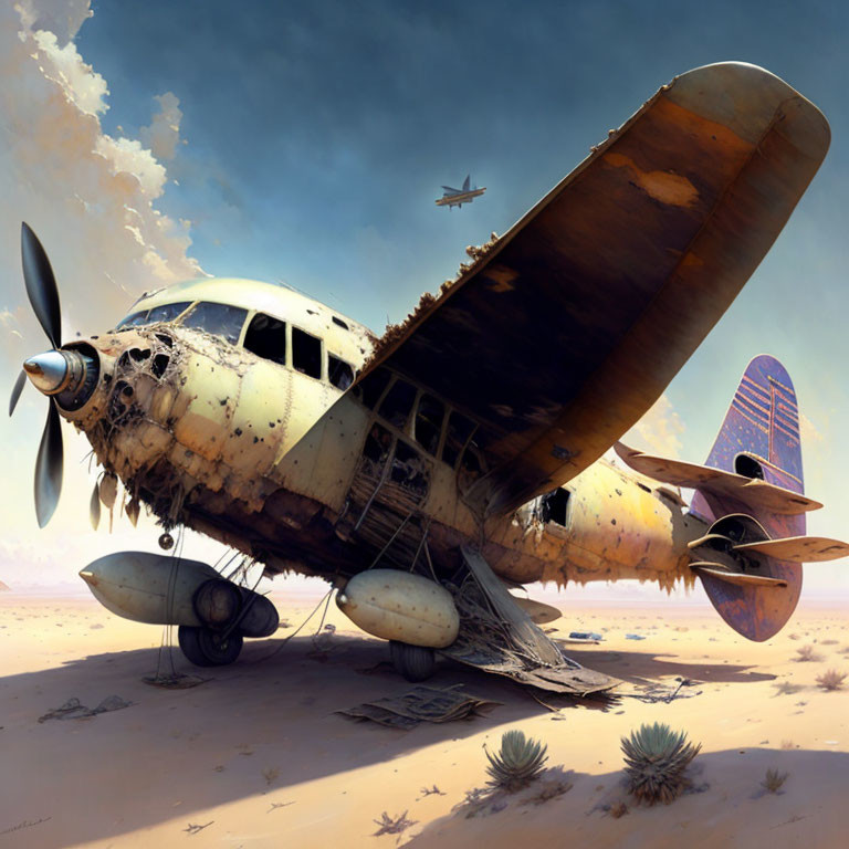 Abandoned airplane in desert with faded paint and flying aircraft