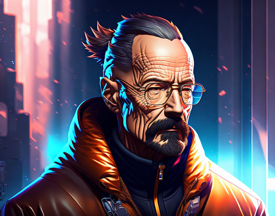 Illustration of stern male figure with beard and glasses and cybernetic enhancements in neon-lit city