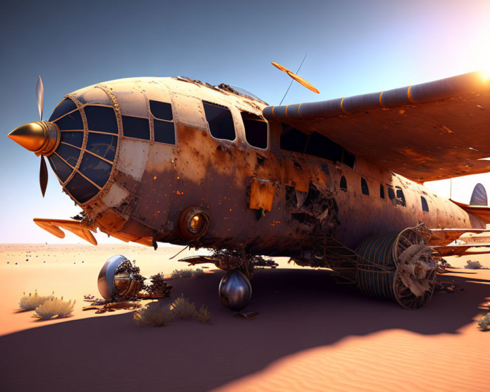 Abandoned propeller plane in desert with rusted fuselage and scattered parts