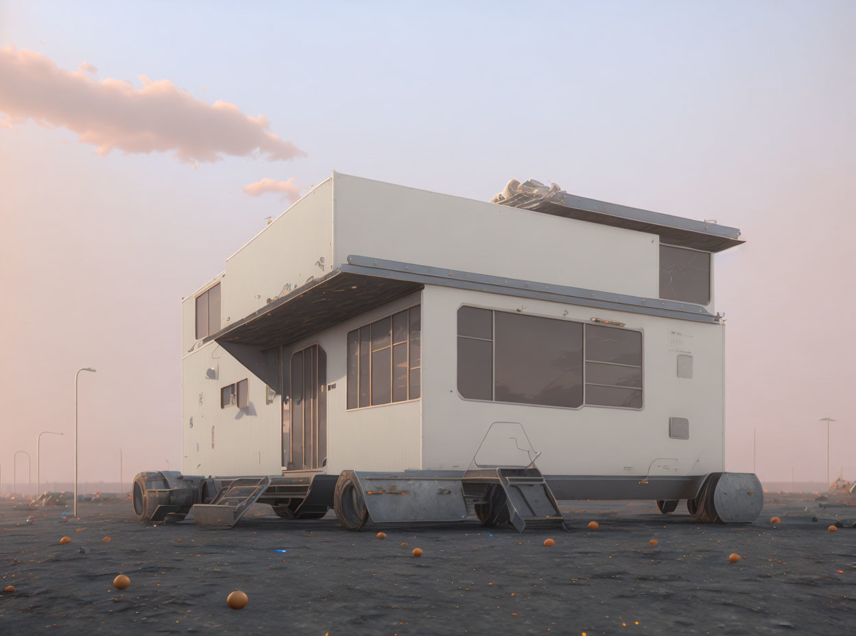 Modern prefab house with flat roof in barren landscape with scattered orange spheres