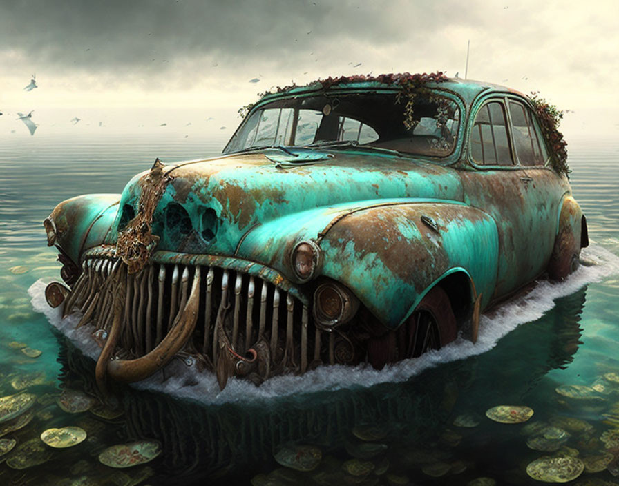 Rusty modified car floating on water with birds and misty sky