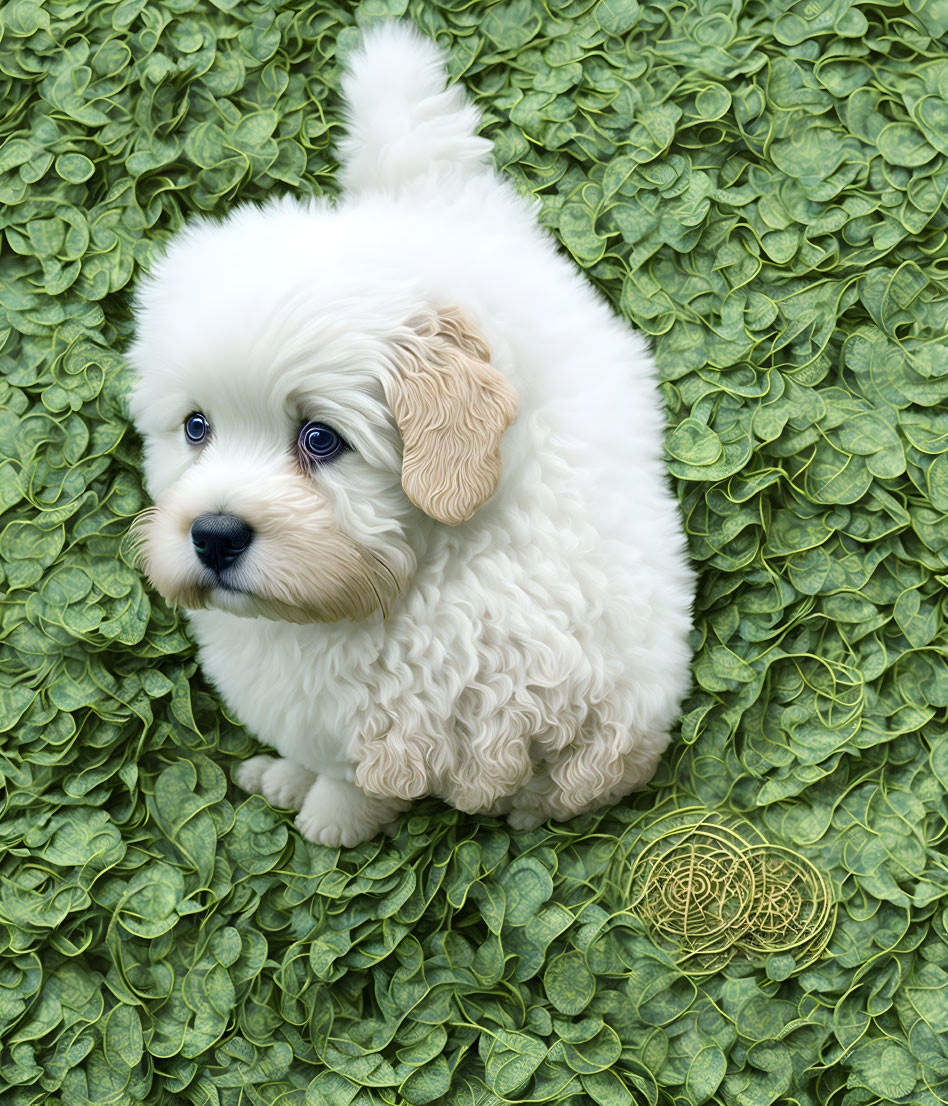 Fluffy White Puppy on Green Clover Bed