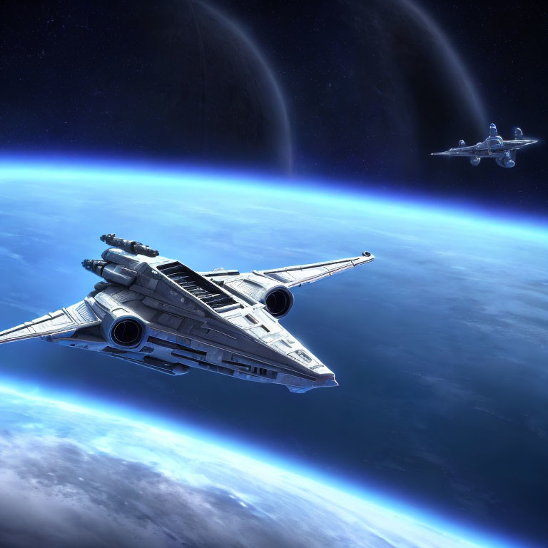 Blue atmosphere: X-wing-like space fighters fly above planet against starry backdrop