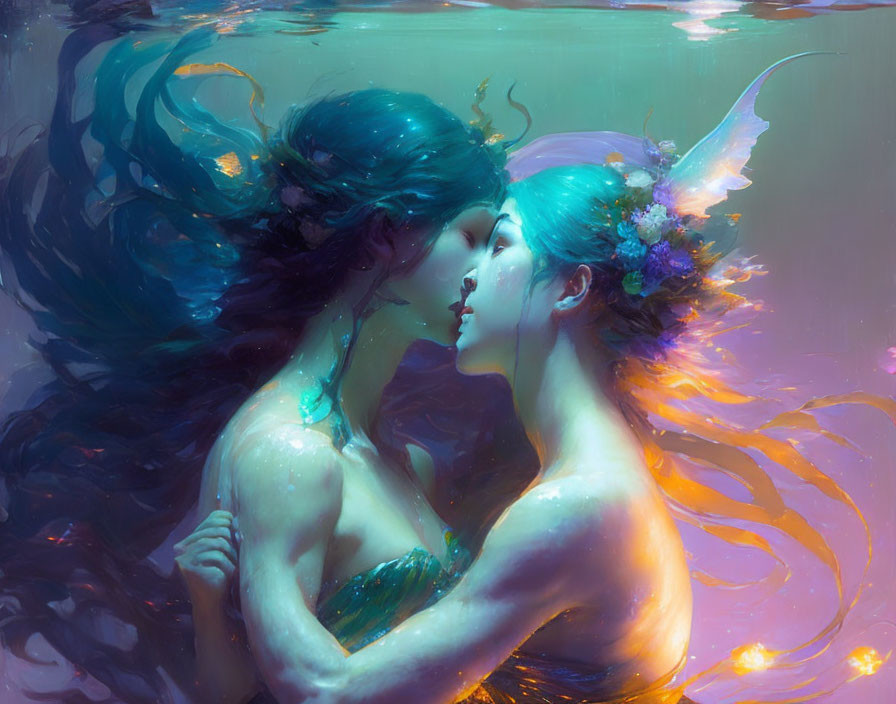 Ethereal figures embrace underwater with flowing hair and wings