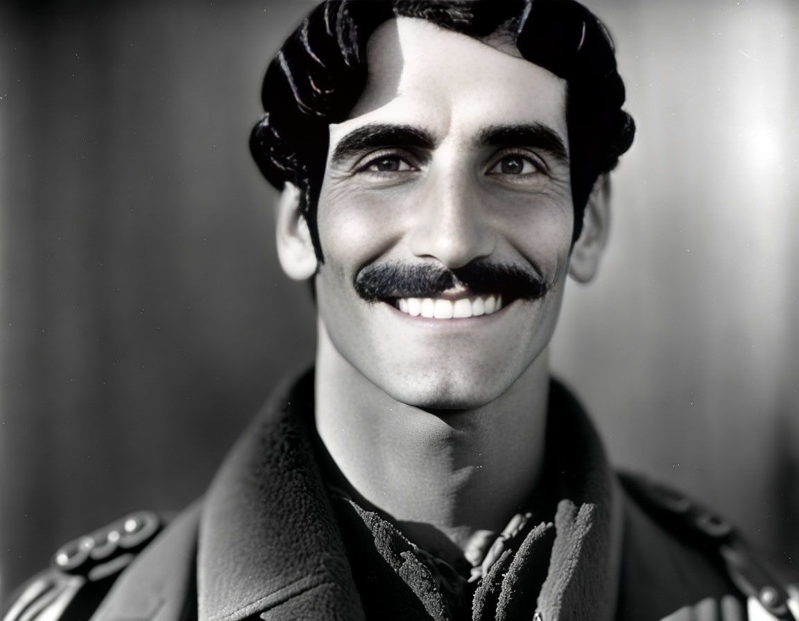 Monochrome portrait of smiling man in military uniform