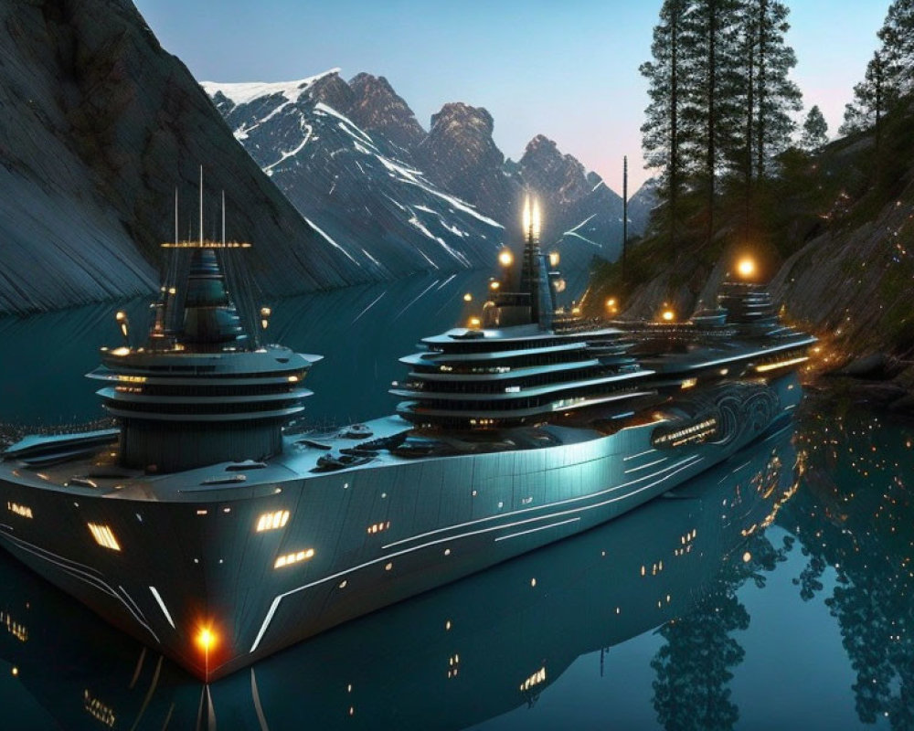 Luxury yacht with multiple decks anchored on mountain lake at dusk