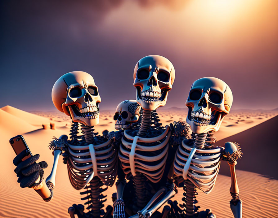 Skeletons taking a selfie in desert sunset.