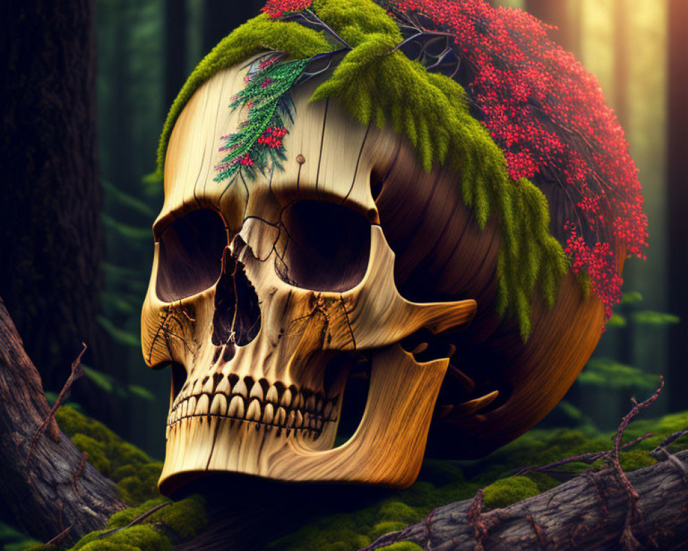 Human skull in forest setting with moss, branches, greenery, and red flowers
