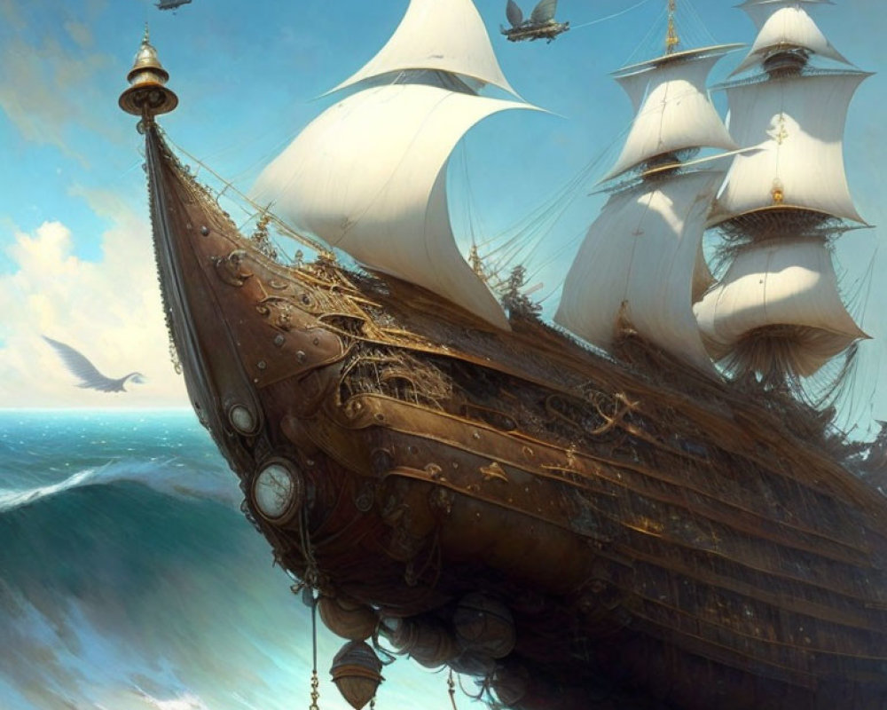 Intricately detailed olden ship sailing turbulent seas under blue sky