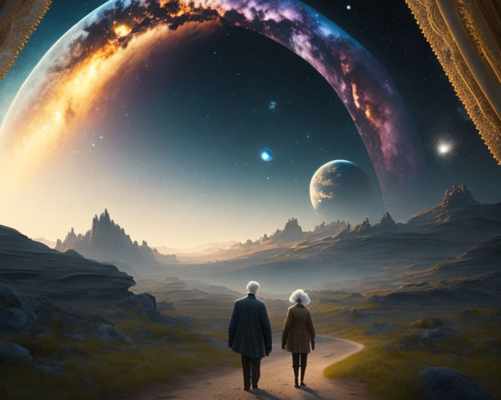 Couple admiring alien landscape with ringed planet in starry sky