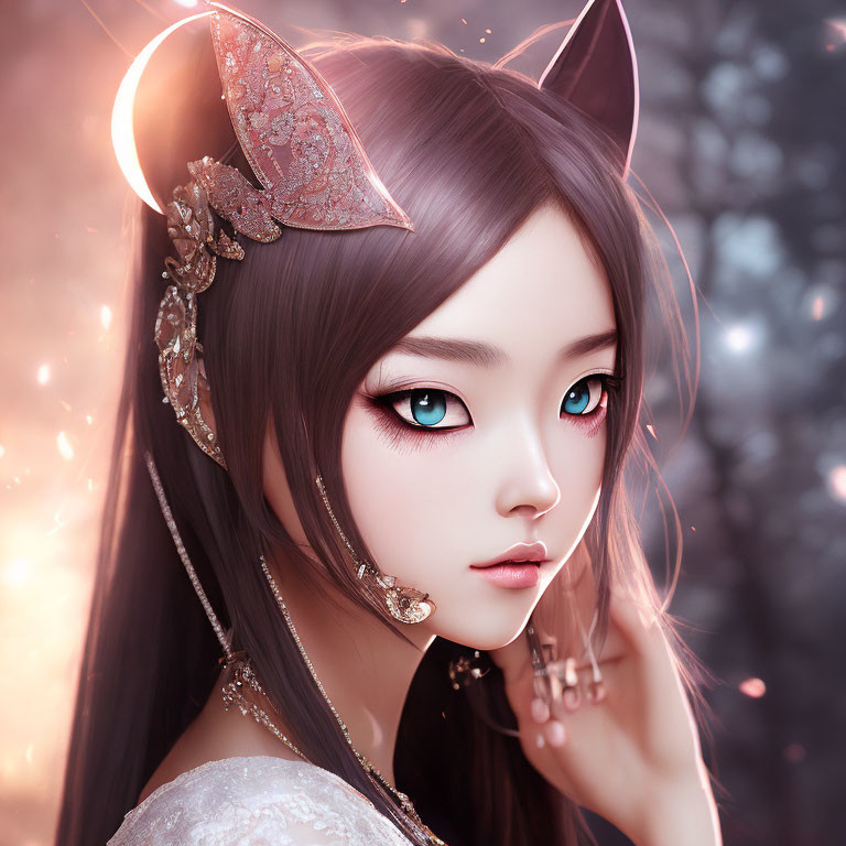 Digital artwork: Girl with expressive eyes, cat ears, ornate jewelry on pink backdrop