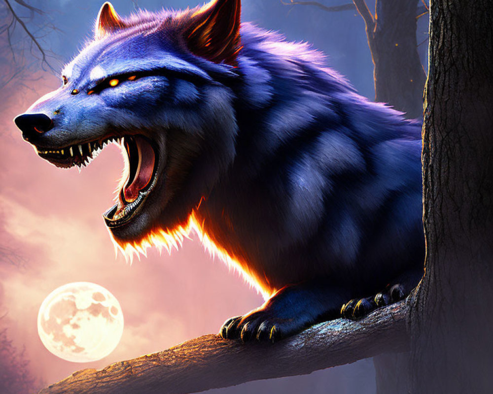 Blue-Furred Wolf with Glowing Amber Eyes Under Full Moon