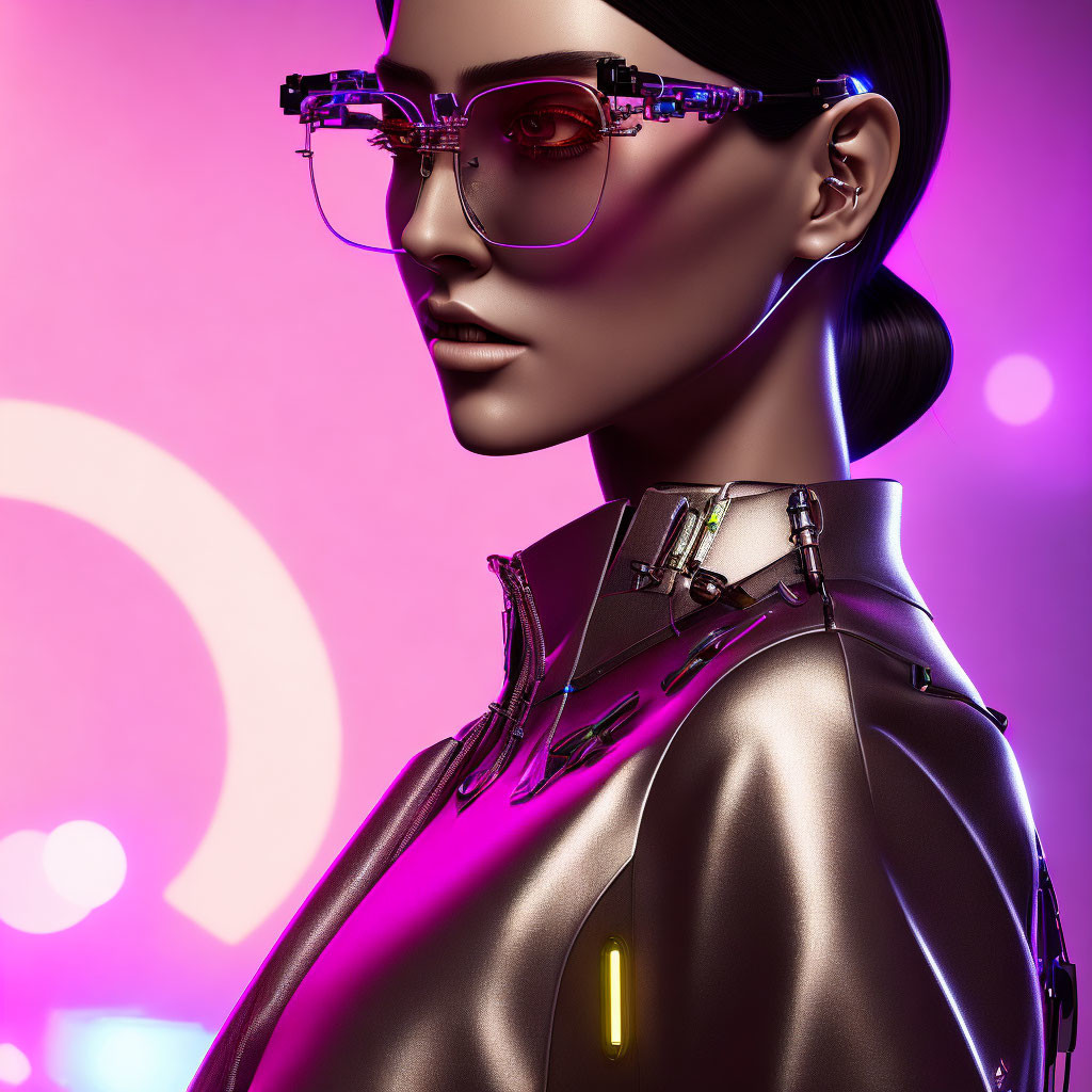 Sleek-haired female in reflective glasses and high-collar jacket on neon pink background