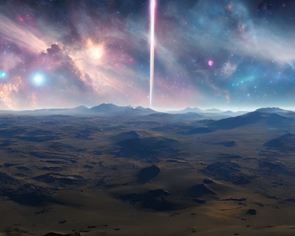 Panoramic rocky alien landscape under starry sky with nebulae and celestial body.