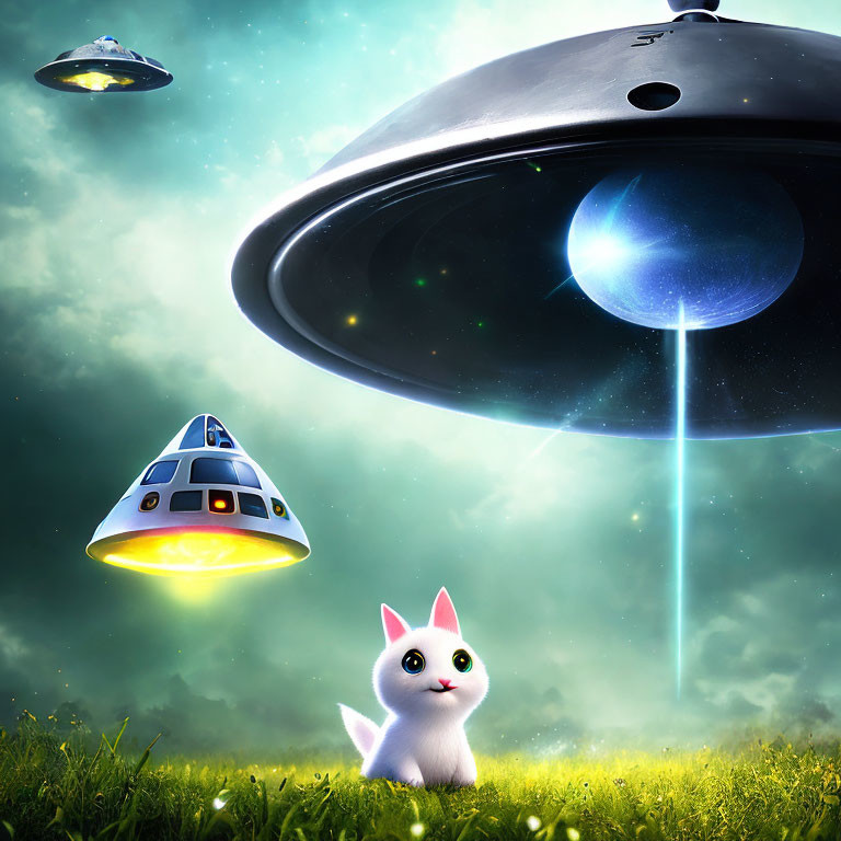 Cartoon-style kitten gazes at UFOs in starry field