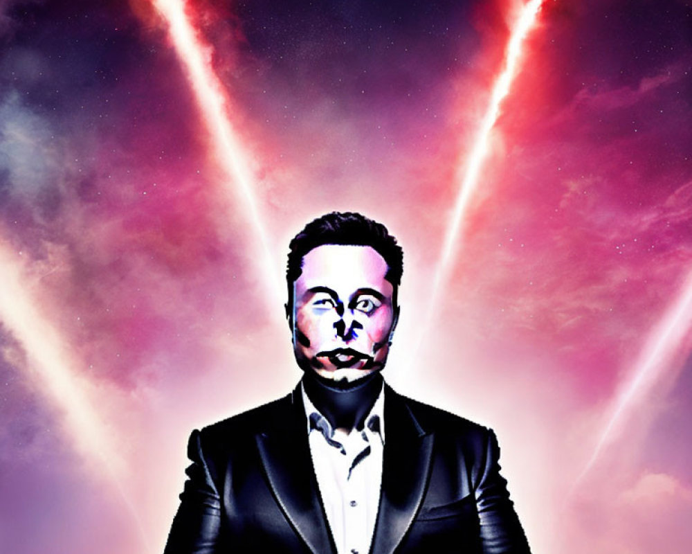 Man in suit with exaggerated smile against cosmic background with pink lights