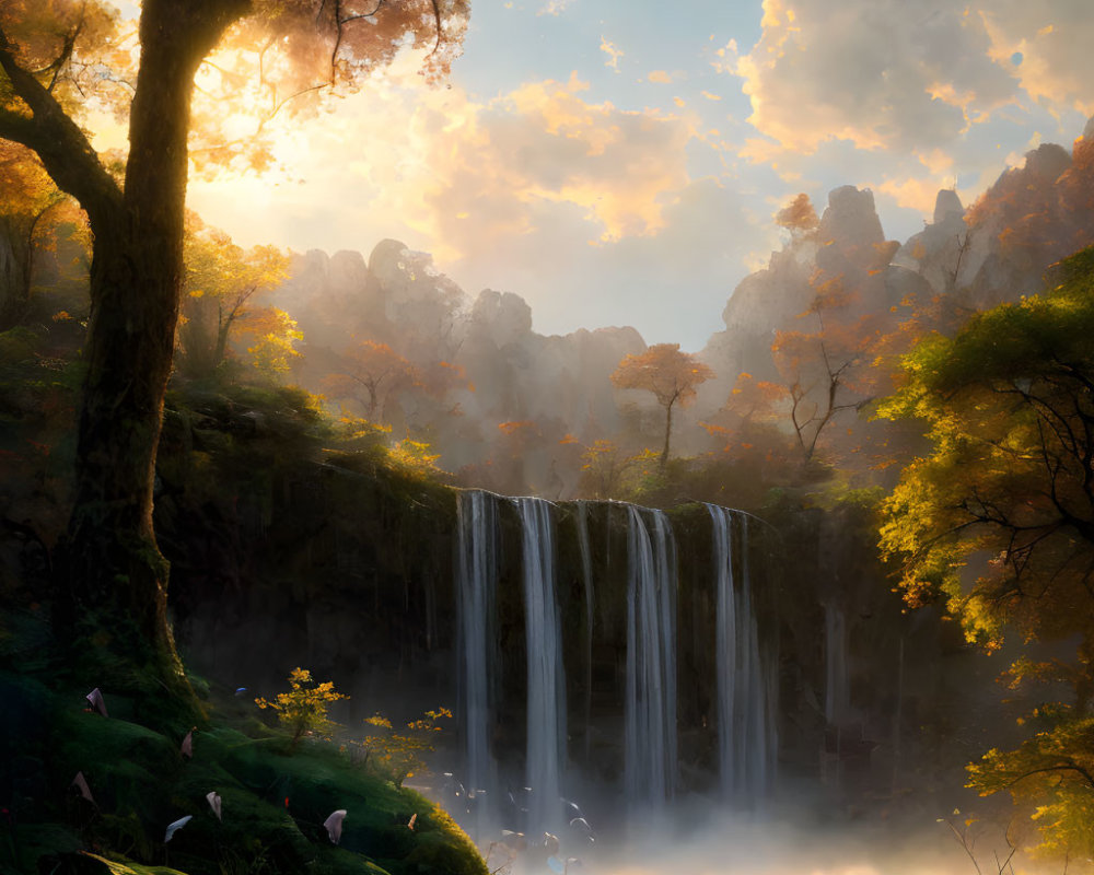 Autumnal forest waterfall in golden sunrise light