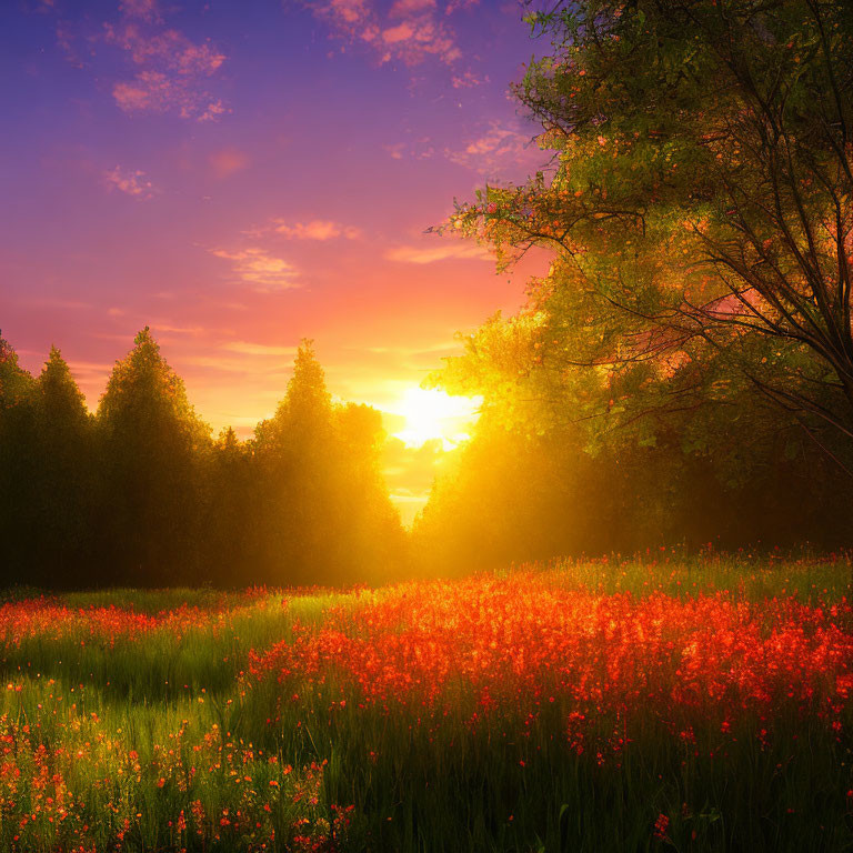 Radiant sunset over red flowers and green trees
